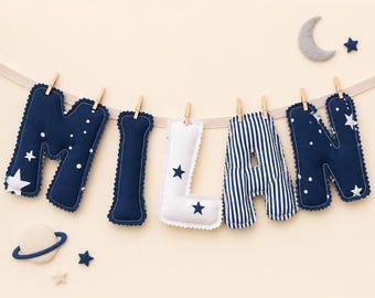 Personalized Baby Boy Name Garland, Navy Star Space Nursery Banner, Padded Fabric Letters, Astronaut Room Decor, Kids room decor