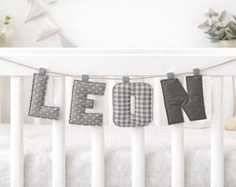 Custom Cotton Name Garland Boy Nursery, Personalized Fabric Letter Banner, Gray Plaid Polka Dot, Baby Shower Decor