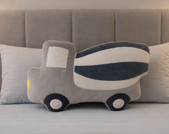 Personalized Cement Mixer Pillow, Grey Cream Boho Big Boy Room Decor, Construction Cushion, New Room Gift