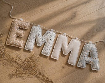 Beige Ivory Nursery Decor, Floral Fabric Name Garland, Blossom Baby Girl Bunting, Neutral Boho Personalized Name Banner