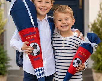 School Cone Sibling Set Football Diamond Pattern Blue Red Gold , 70cm and 35cm Cone, Bayern Fan Gold Stars, First Day of School Sibling Gift