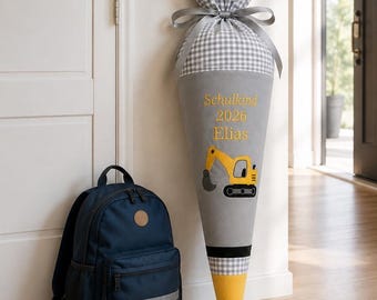 Personalized Excavator Schultüte 70 cm, Fabric School Cone with Name, First Day of School Gift Boy, Digger School Cone, Back to School 2026