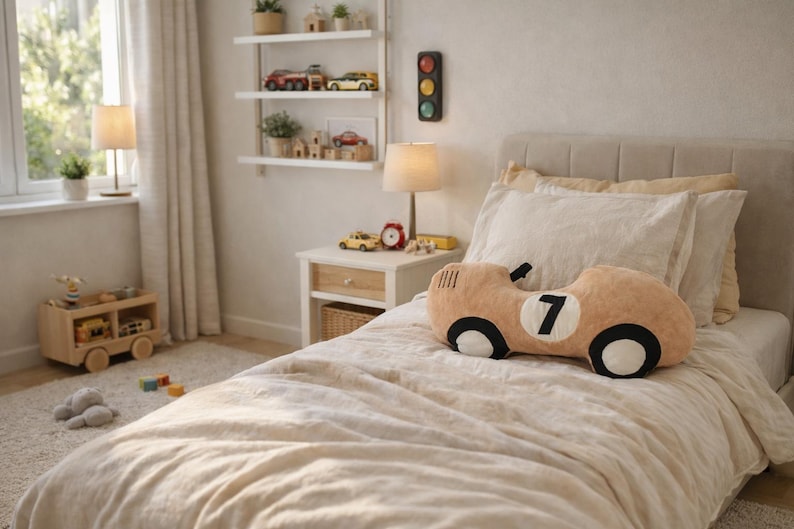 ace car pillow in boys room, motorsport bedroom decor for kids, racing cushion on bed, gift for young car enthusiast