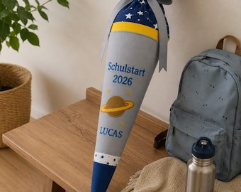 Schultüte Boy Personalized Saturn Planet, School Cone 70cm with Name, 2in1 Pillow, School First Day Gift