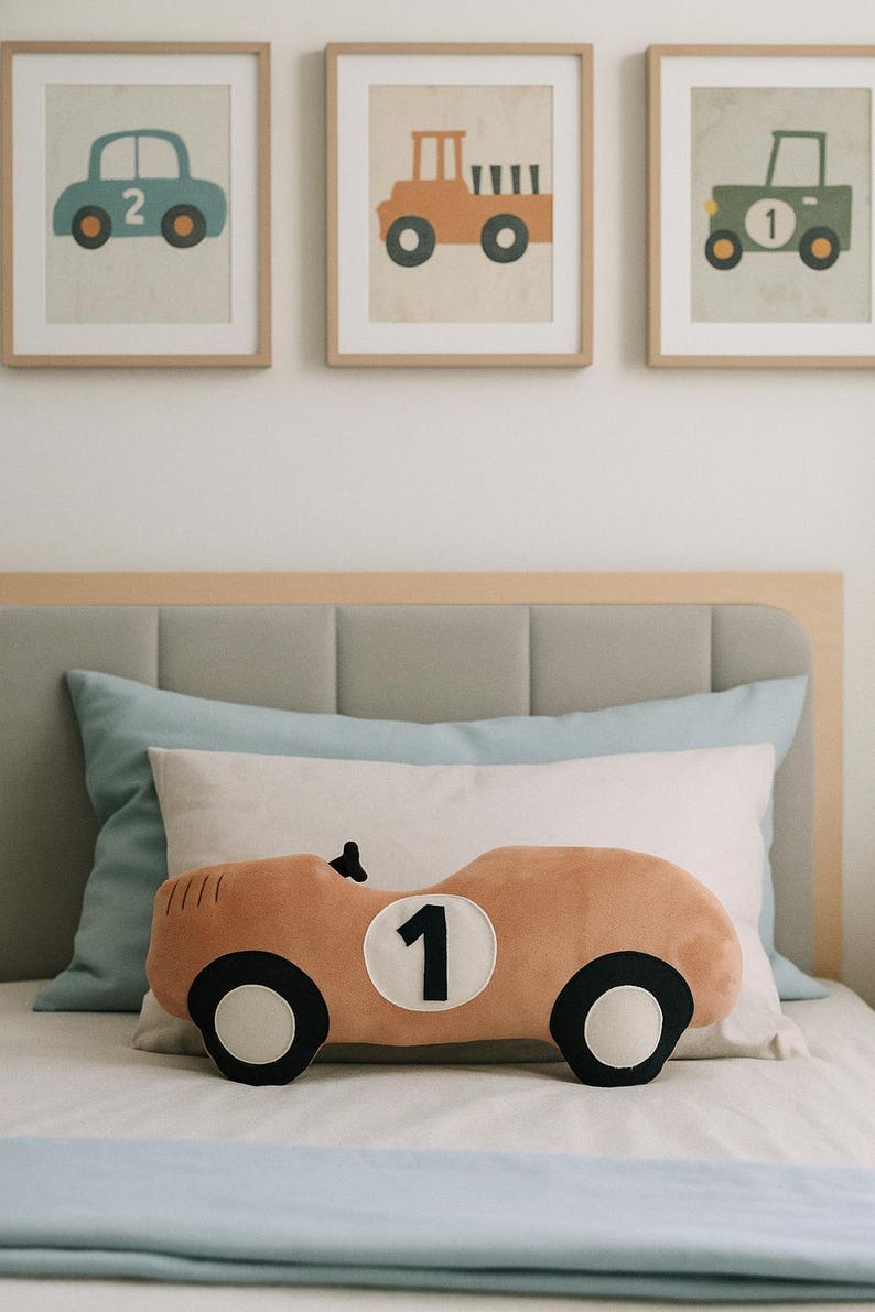Handmade race car shaped pillow in light brown color, motorsport bedroom decor, gift for car lover