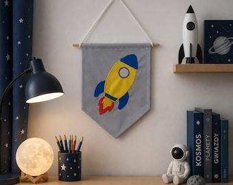 Rocket Pennant Flag with Name, Banner Embroidered,  Space Nursery Decor Boy Room ,Wall Hanging Astronaut,  Baby Shower Gift