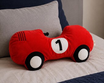 Personalized Race Car Pillow, Gift for 3  Year Old Boy, Car Lover Gift, Vintage Plush Cushion, Handmade 2 Birthday Gift