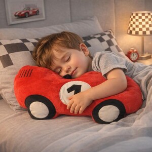 Red race car plush pillow for kids, boy sleeping with racing cushion, children bedroom decor, motorsport gift for boys