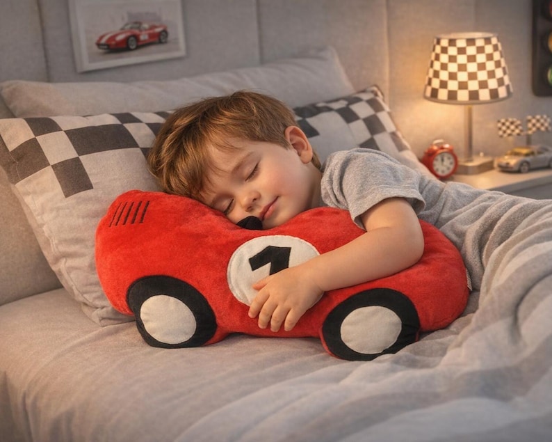 Red race car plush pillow for kids, boy sleeping with racing cushion, children bedroom decor, motorsport gift for boys