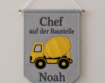 Personalised Concrete Mixer Flag with Name,  Construction Nursery Decor , Custom Cement Mixer Banner, Boys Bedroom Door Sign