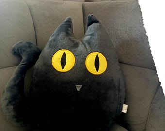 Black Cat Plush Cushion, Gothic Kitten Soft Toy, Cat Lover Gift, Kids Bedroom Decor, Halloween Room Decoration