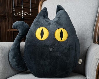 Spooky Black Cat Plush Pillow, Halloween Decor Gift for Cat Lovers, Gothic Kitten Stuffed Toy, Kids Bedroom Decor Cushion