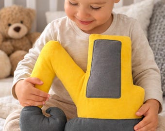 Excavator Pillow for toddler Boy Room,  Construction Themed Nursery Deco, Cute Birthday Gift for little digger Lover
