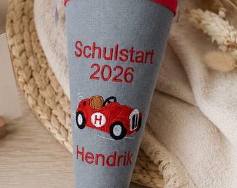 Mini School Cone with Name , Fabric Schultüte 35 cm , First Day of School Gift , Race Car Boy