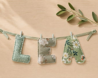 Sage Green Boho Nursery Decor, Personalized Baby Girl Name Garlan,  Scalloped Puffy Fabric Letters, Clip-On Name Banner, Baby Shower Gift
