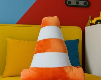 Traffic Cone Pillow – Construction Theme Nursery Decor, Plush Kids Room Cushion, Handmade Soft Toy, Toddler Boy Gift