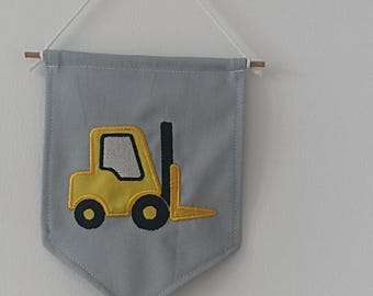 Personalised Forklift Pennant Flag, Warehouse Construction Nursery Wall Hanging, Forklift Truck Boy Room Decor,  Handmade Fabric Bunting
