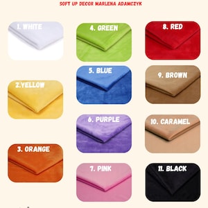 May include: A color palette chart for minky plush fabric titled COLOR PALETTE - MINKY/PLUSH SOFT UP DECOR MARLENA ADAMCZYK. It displays eleven numbered fabric swatches in white, yellow, orange, green, blue, purple, pink, red, brown, caramel, and black.
