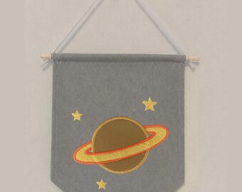 Saturn Planet Pennant Flag Boy Nursery Decor, Ringed Planet Space Theme Wall Hanging, Kids Bedroom Playroom Birthday Gift