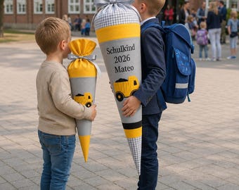 Dump Truck Schultüte Set, Personalized School Cone, Sibling Set Large & Small, Boys School Enrollment Gift, Custom Embroidered