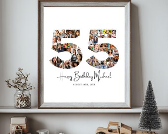 Editable 55th Birthday Photo Collage Gift, Personalized Number Picture Decorations