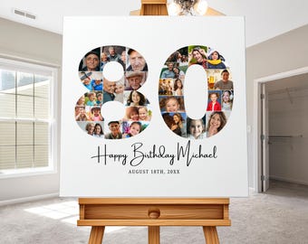 Editable 80th Birthday Photo Collage Gift, Personalized Number Picture Decorations