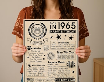 60th Birthday Newspaper Poster, 1965 Year Born, Retro Wall Art (Digital Download)