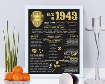1943 Birthday Trivia Poster: Chalkboard USA History Gift (Digital Download, PDF Trivia Card Included)