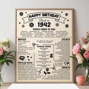 Puede incluir: Un póster enmarcado con un fondo beige, con el texto "Happy Birthday Back in 1942". Enumera personas notables, películas, eventos y precios promedio de ese año. El póster está rodeado de arreglos florales.