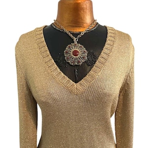 Vtg Lauren Ralph Lauren Gold Metallic V-Neck Knit Sweater Size M MEDIUM