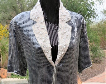 Vintage Pallavi Pure Silk Navy White Sequin Beaded Duster Jacket Size L