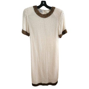 Vintage Stenay 100% Silk Fitted White Gold Beaded Dress Size 4 Short Sleeve EUC!