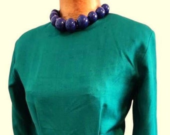 Vintage Joanie Char 100% Silk Green Long Sleeve Dress Fitted Beaded Waist Size 8