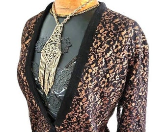 Vintage 1960s Park Storyk Black w/Gold Lace Cardigan Sweater Sz M/L Bttn Front