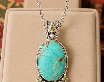 Vintage Sterling Silver Turquoise Pearl Citrine Pendant Necklace Thailand Statement MIN