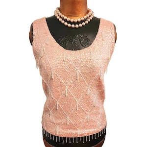 NWT Vintage 1960s Pink Sequin Beaded Sleeveless Wool Top w/Fringe L ~ Hong Kong
