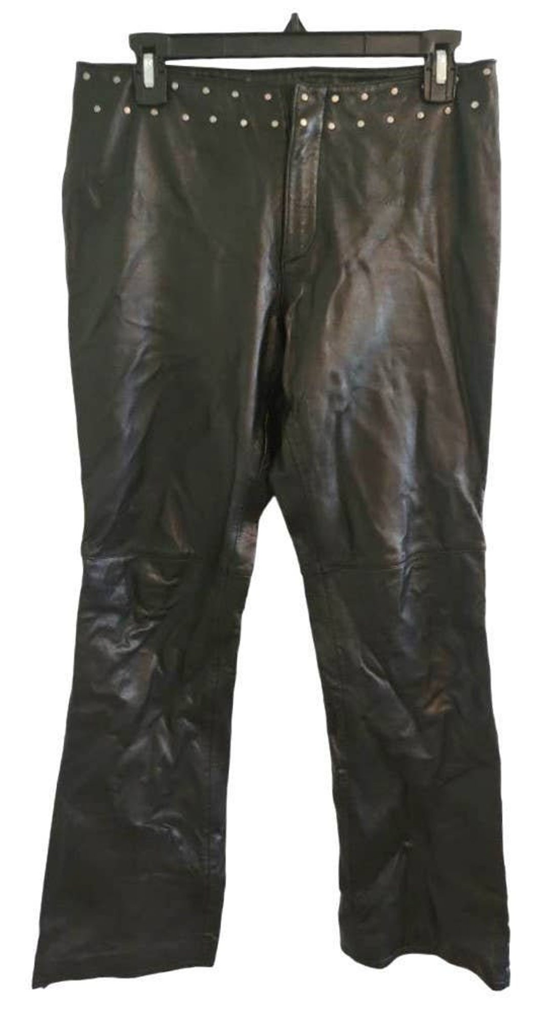 Vtg. Harley Davidson Black 100% Leather Studded Pants 36/8 Zipper Leg Vent  MINT 