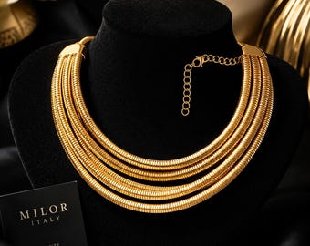 Vintage Milor Italy Bronze 5 Strand Gold Tone Collar Statement Necklace QVC MINT