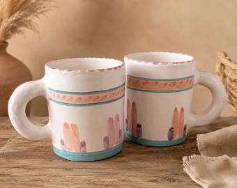 Vintage Handmade Southwest Pottery Coffee Mugs Signed Pair Pink Turquoise Artist Signed