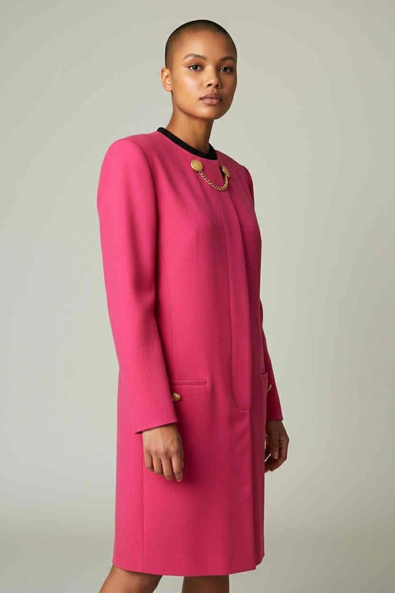 Vintage 1980s Depeche Mode Hot Pink Sheath Dress Gold Button Chain Front Size 10