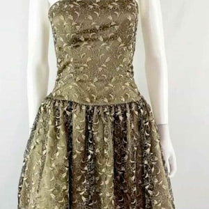 Vintage Jessica McClintock Gold Strapless Lace Party Dress Size 6P Black Tulle