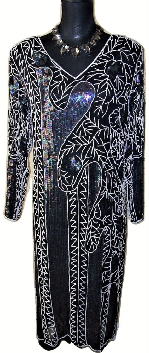 Vtg 1980s Black Silk Chiffon Sequin/Beaded Dress S