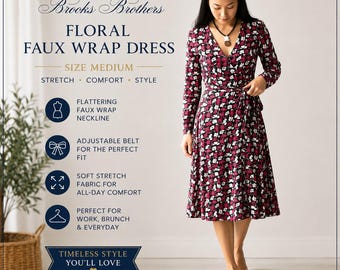 Vintage Brooks Brothers Faux Wrap Dress Size M Floral Belted Jersey Stretch Long Sleeve