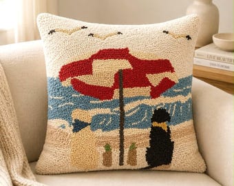 Vintage Style Hooked Wool Coastal Pillow Beach Umbrella Ocean Black Dog Seagulls
