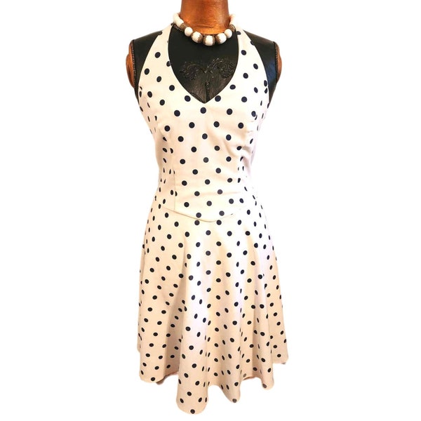 Vintage 1980s B. Smart Black & White Polka Dot Halter Dress Full Skirt Size 9/10