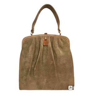 Bolso de mano vintage Coronet de ante verde oliva de los años 50 con asa superior y herrajes dorados