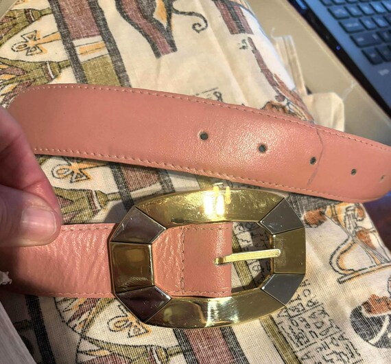 Vintage Pink Genuine Leather Belt Brass Nickel Buckle  display picture 3
