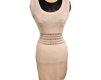 Vintage St. John Knit Slvless Cream Dress Metallic Gold Silver Grommet Waist 10