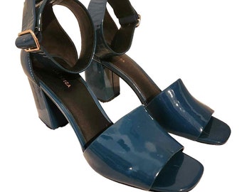 Vintage Via Spiga Patent Leather Teal Open Toe Shoes Heels Adjust Strap Size US 7M EU 37
