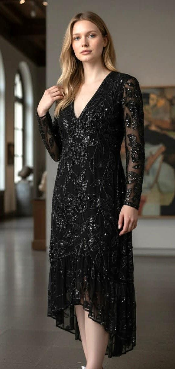 long beaded mother of the bride dresses BLACK CHIFFON DRESS WITH EMBELLISHED DETAILS  Found And Vision